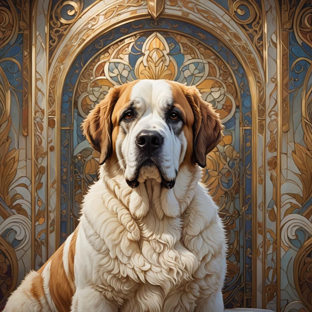 Calm White Saint Bernard Portrait in Art Nouveau Style