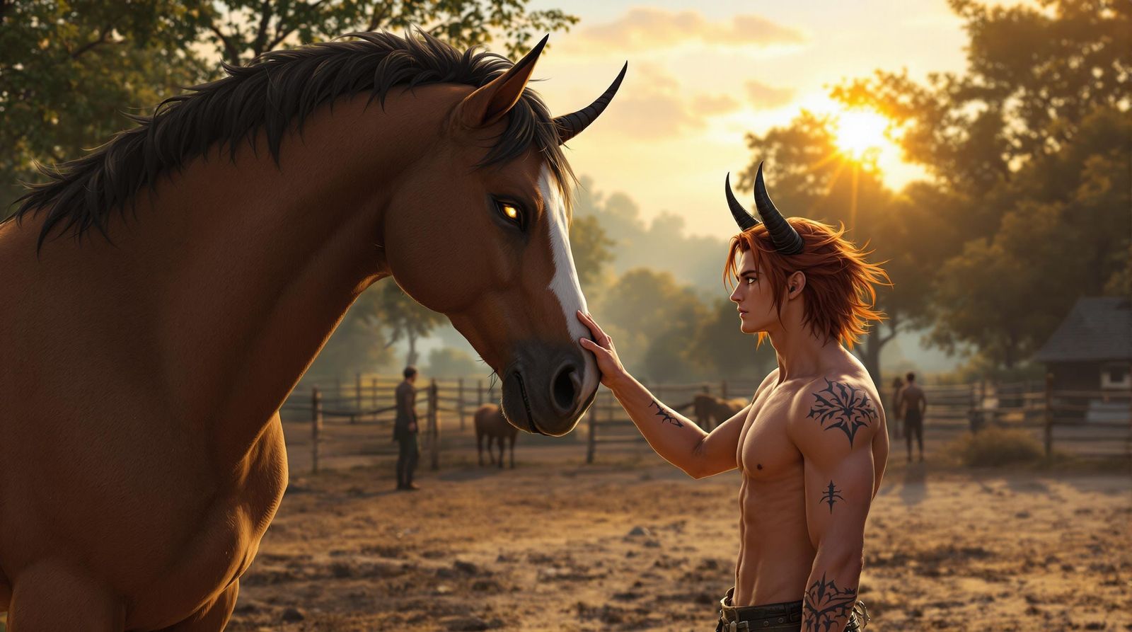 Young Hybrid Warrior Meets Majestic Clydesdale in Sunset Vil...