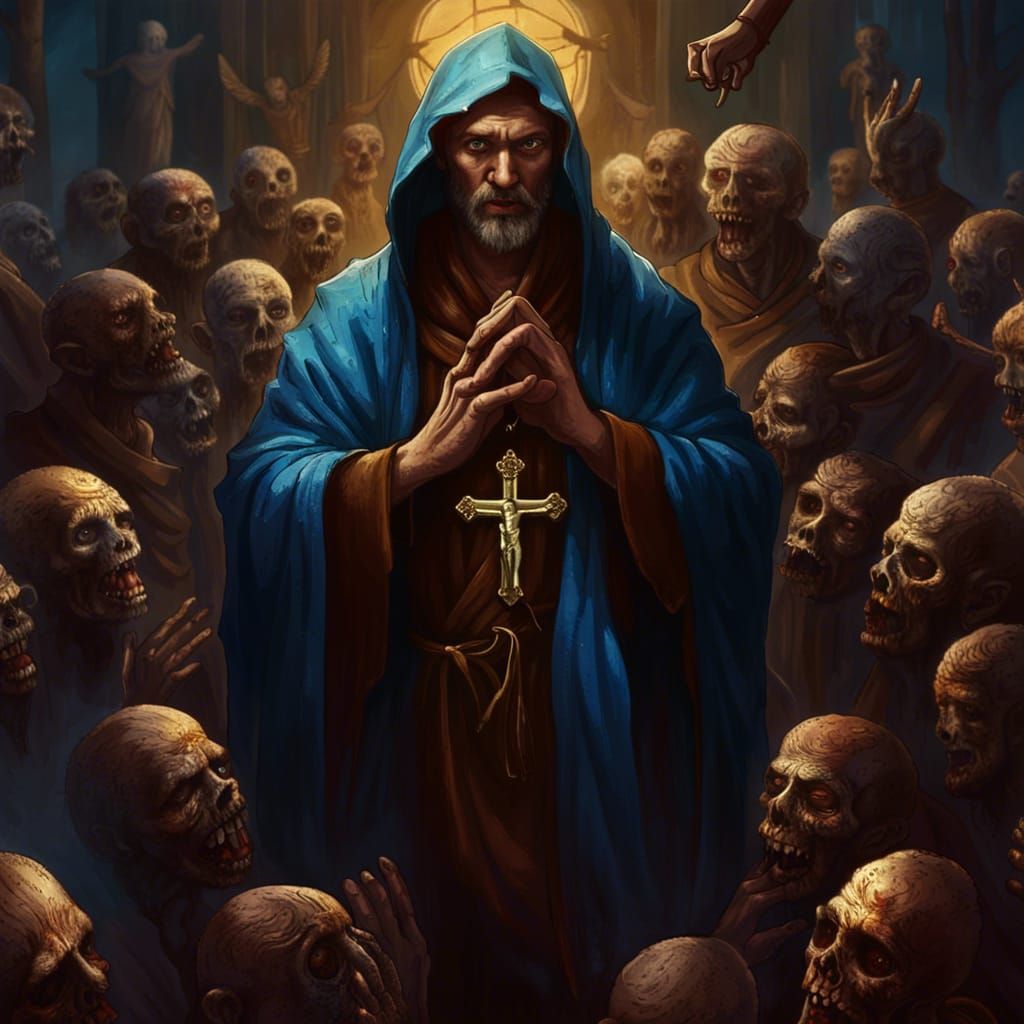 Monk Praying Among Zombies: Detailed Matte Painting
