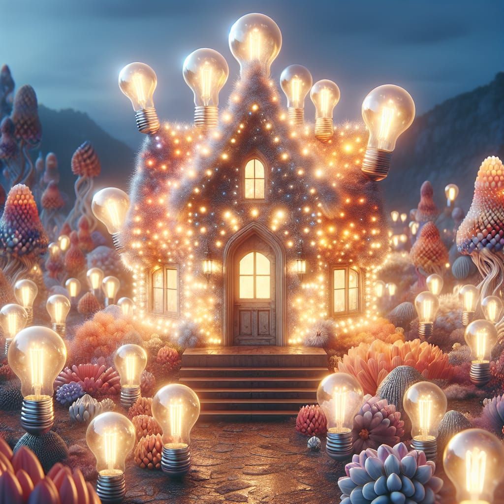 Whimsical Light Bulb House in an Enchanted Landscape