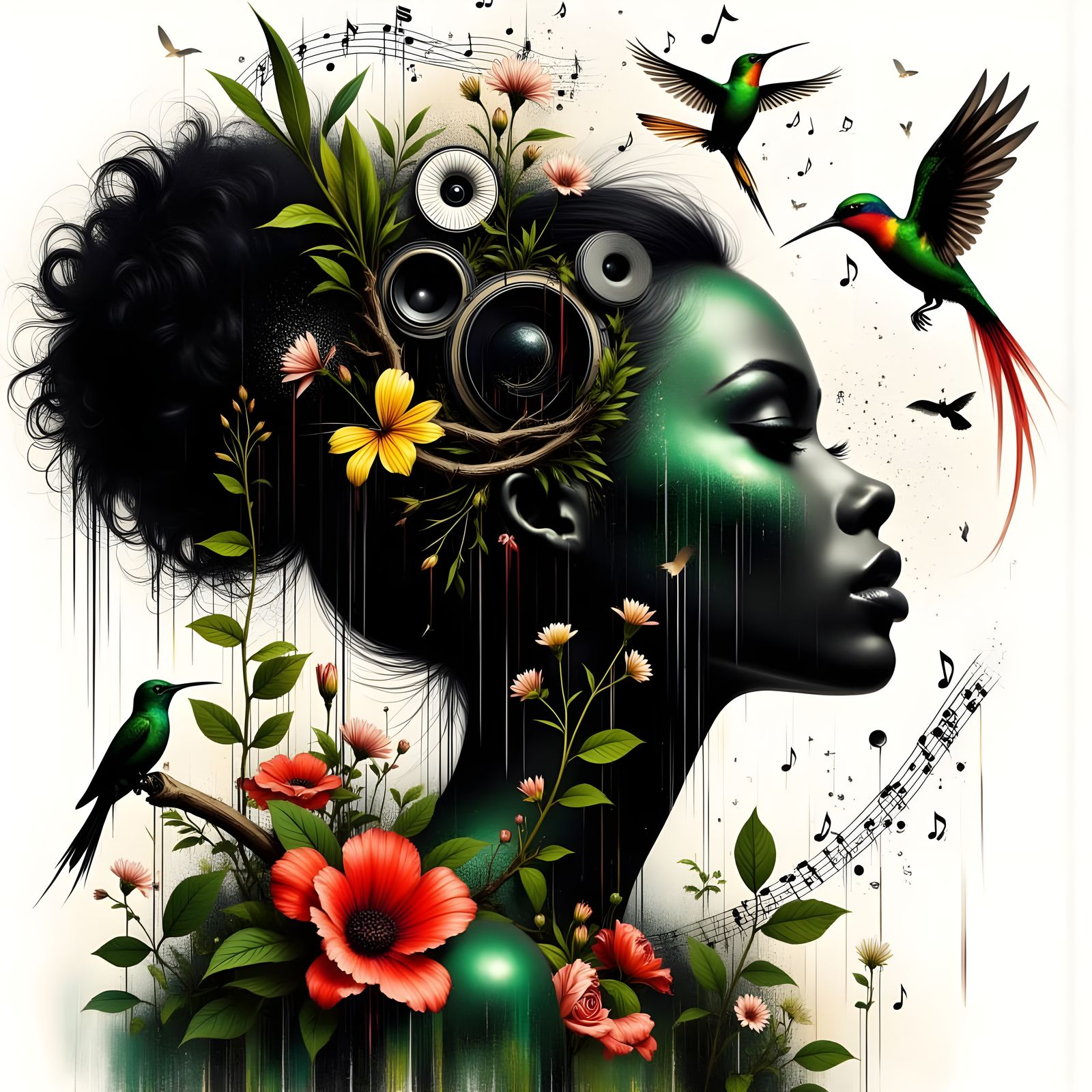 Silhouette Portrait of Woman with Waterfall and Music