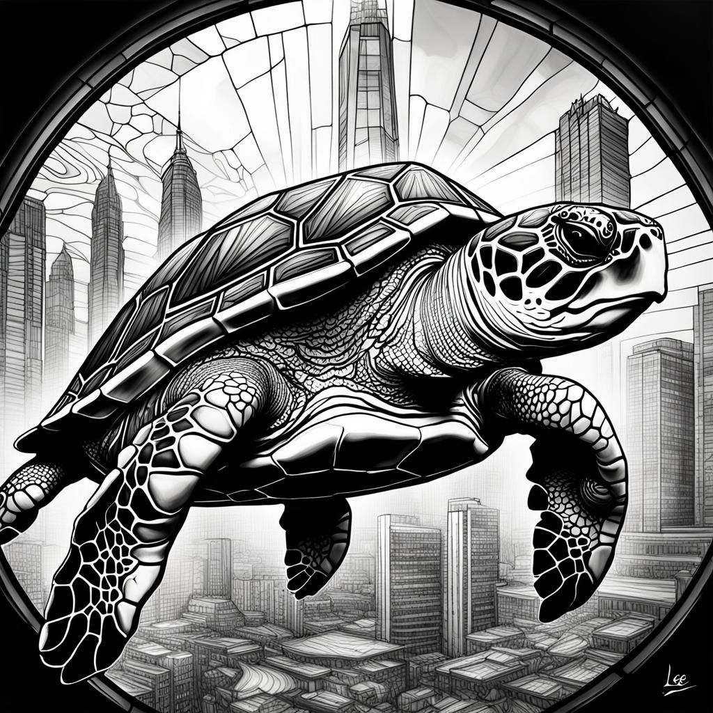 Futuristic City on Giant Sea Turtle Coloring Page