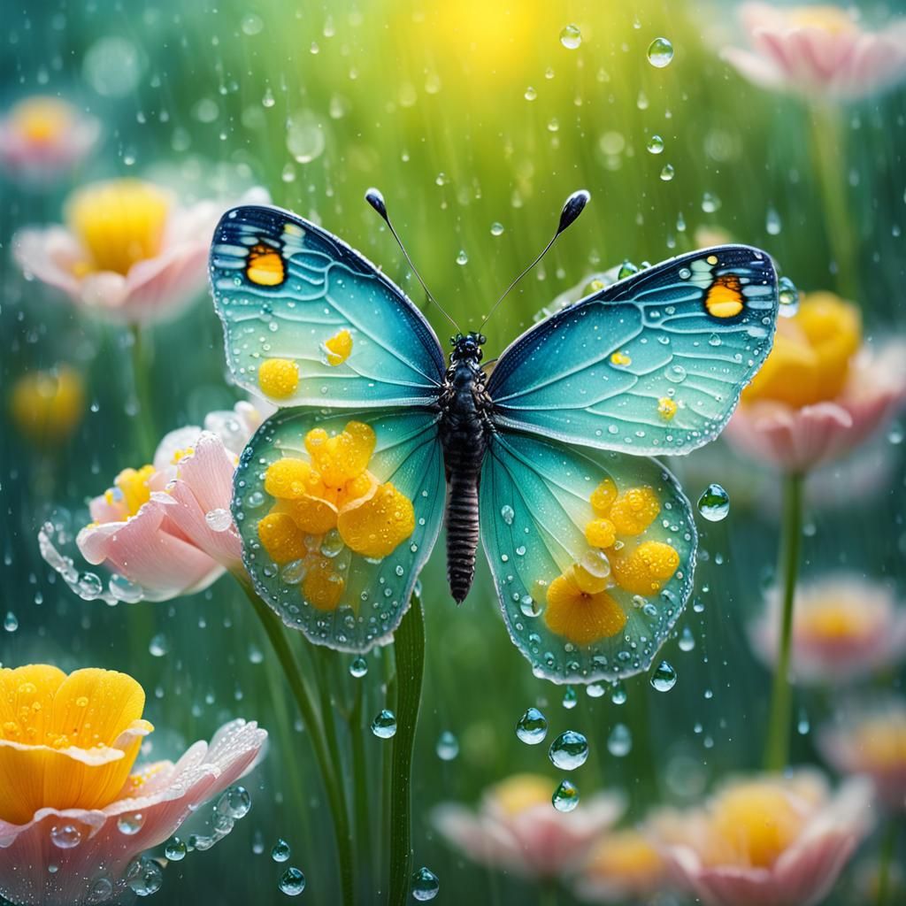 Translucent Butterfly with Water Droplets: Hyperrealistic Ar...