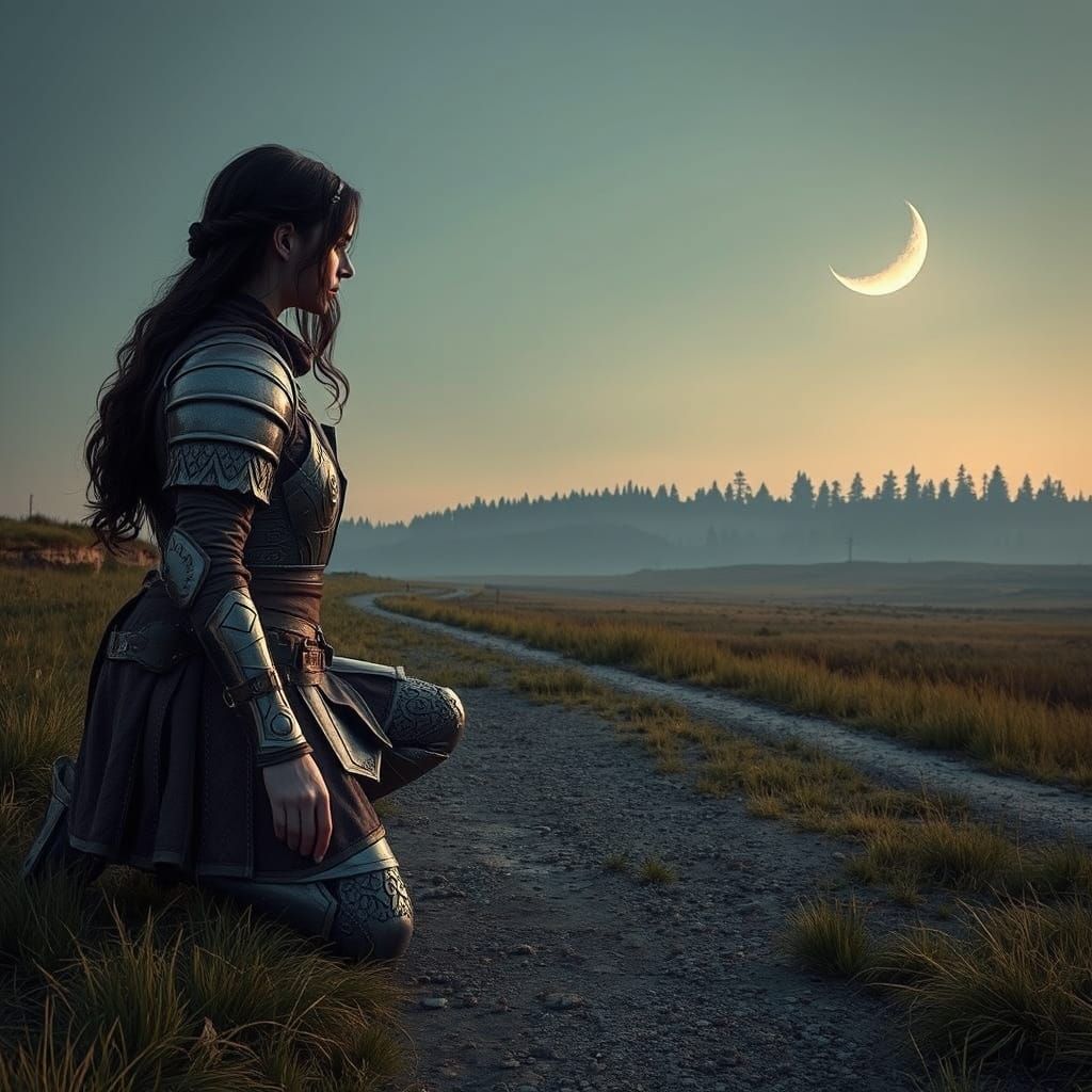 Armored Scout on Ancient Road Under Crescent Moon