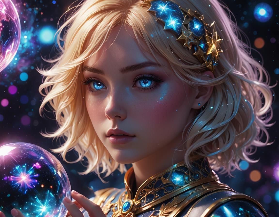 Girl Gazing into Cosmic Crystal Ball: Anime Art