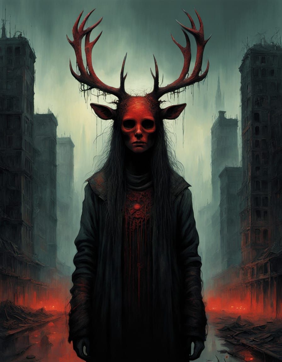 Gothic Urban Goddess with Deer Ears Amidst Abandoned Skyscra...