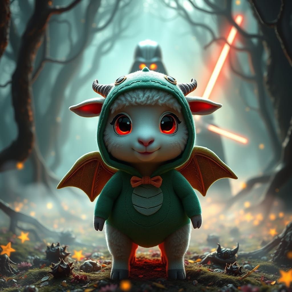 Cute Sheep in Surreal Forest with Wolf and Darth Vader