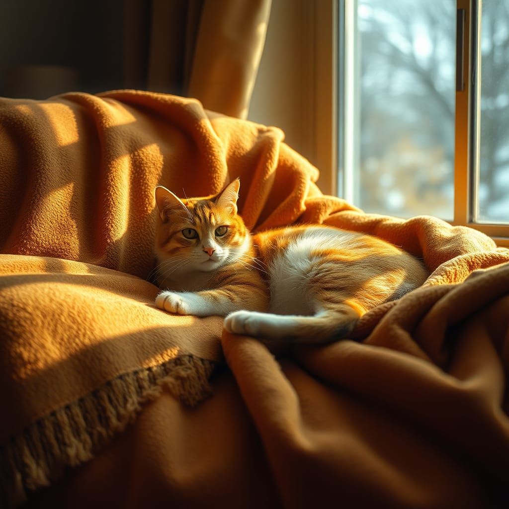 Cozy Cat Lounging in Winter Sunlight