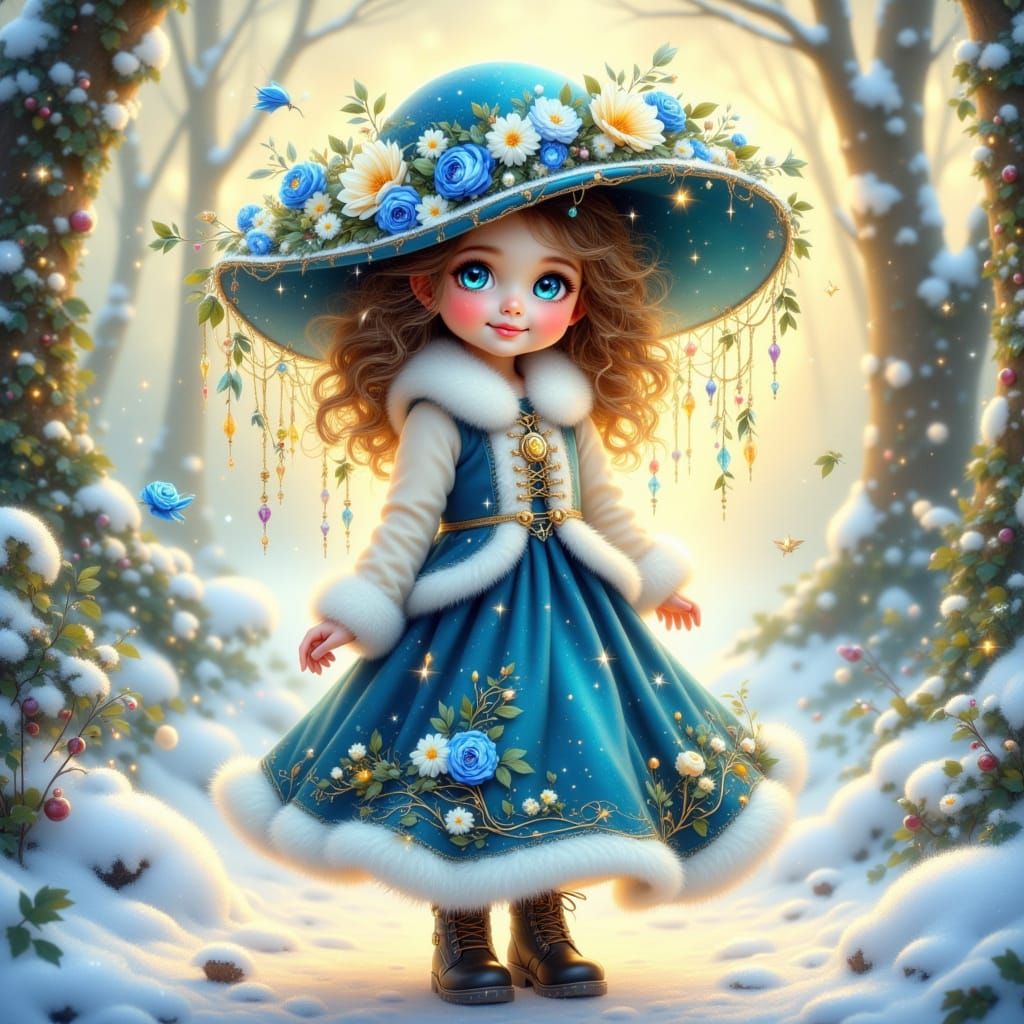 Magical Christmas Flower Girl in Watercolor and Acrylic Styl...