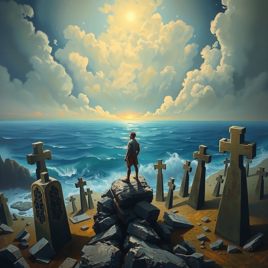 Epic Surrealist Painting of Man Overlooking Ocean