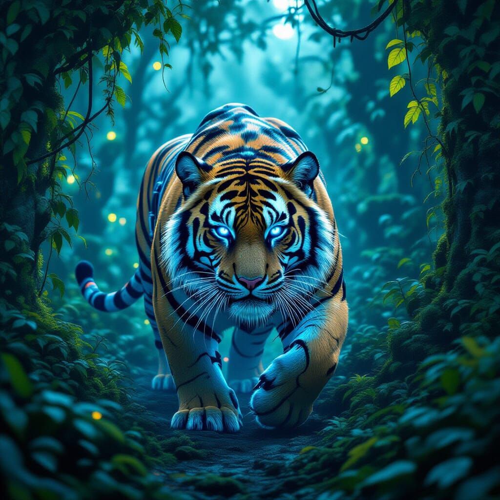 Robotic Tiger Prowls Bioluminescent Jungle