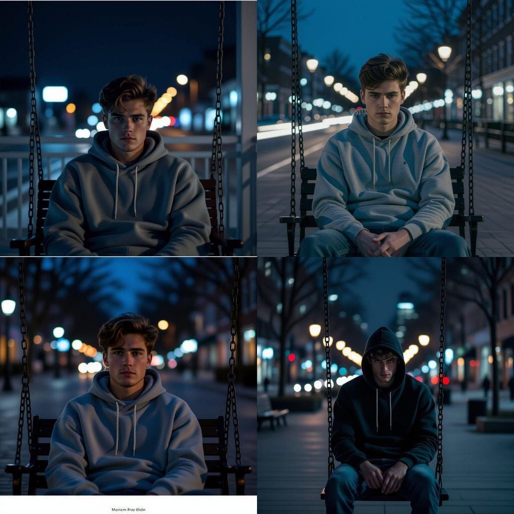 Pensive Young Man on Swing at Night