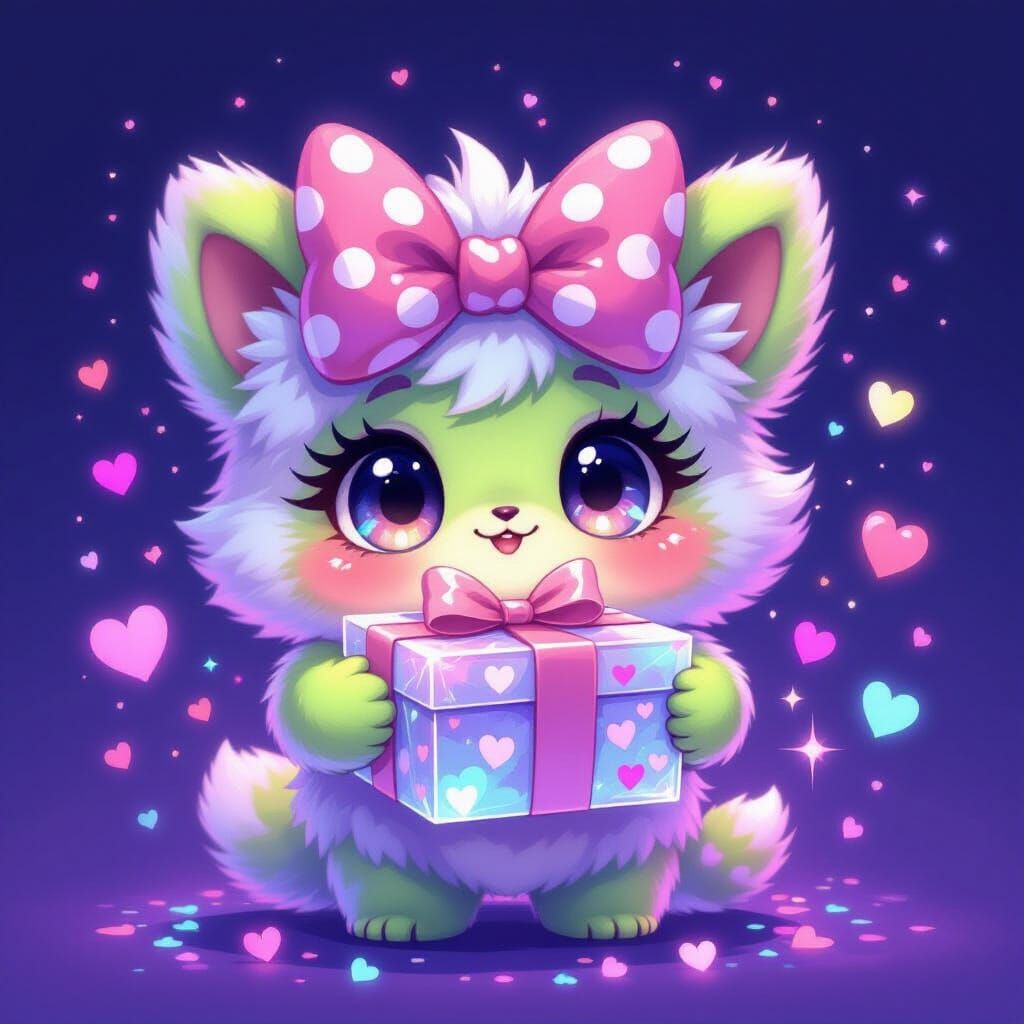 Whimsical Furry Creature with Gift, Digital Art