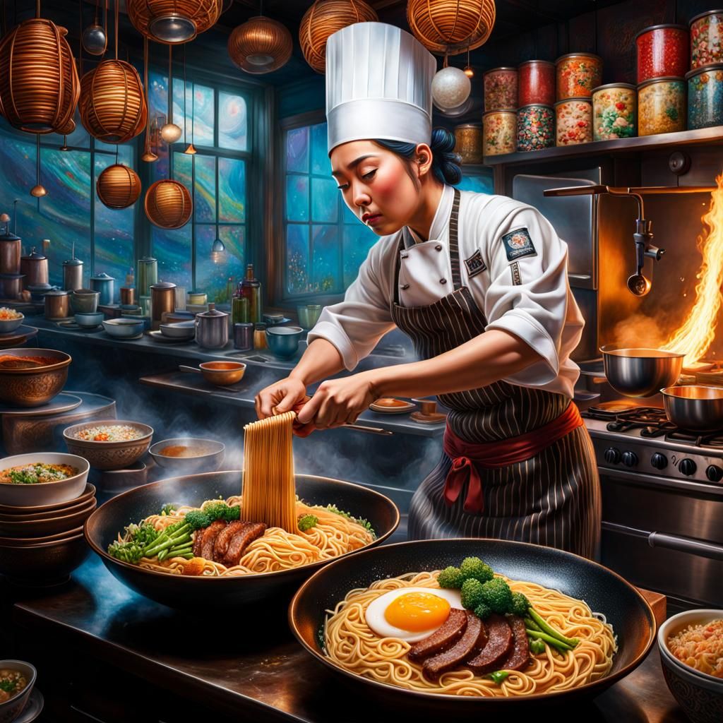 Hyperrealistic Ramen Chef in Whimsical Kitchen