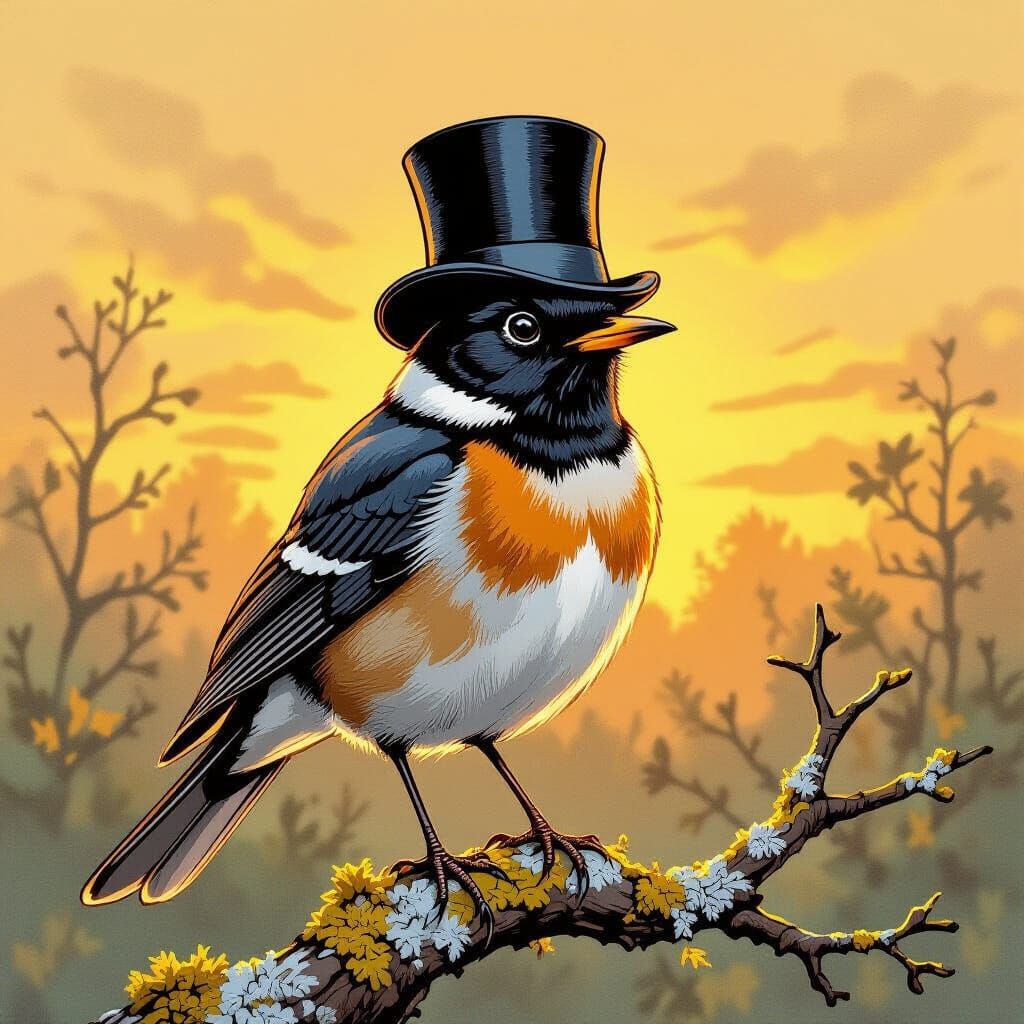 Robin in Tuxedo: Vintage Ink-and-Wash Illustration