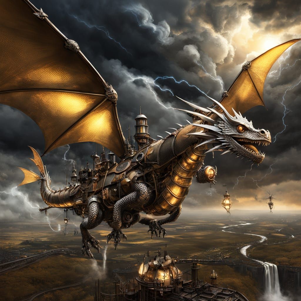 Steampunk Storm Dragon Soars Over Dark Lands in Golden Light
