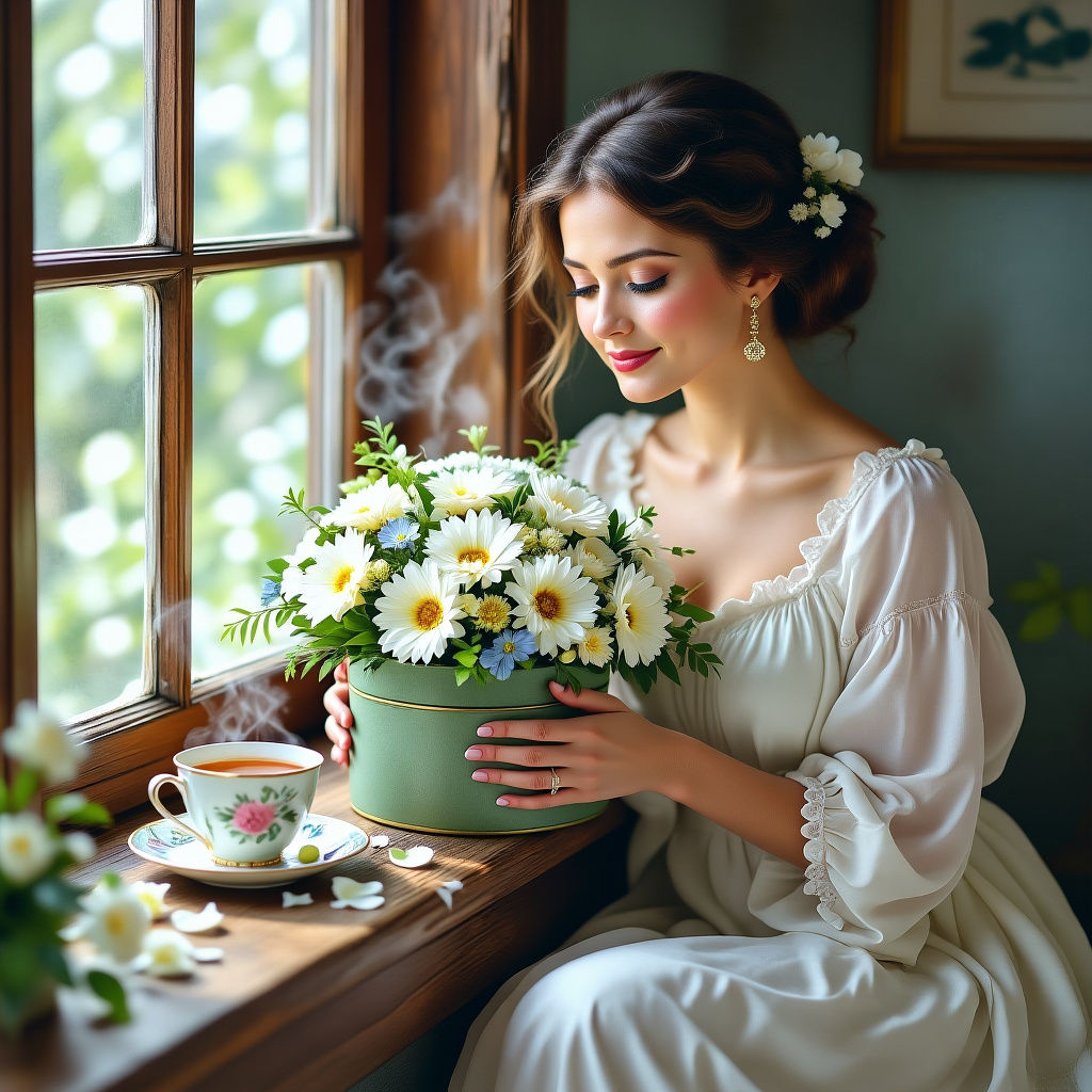 Woman with Flowers and Tea, Charcoal and Watercolor