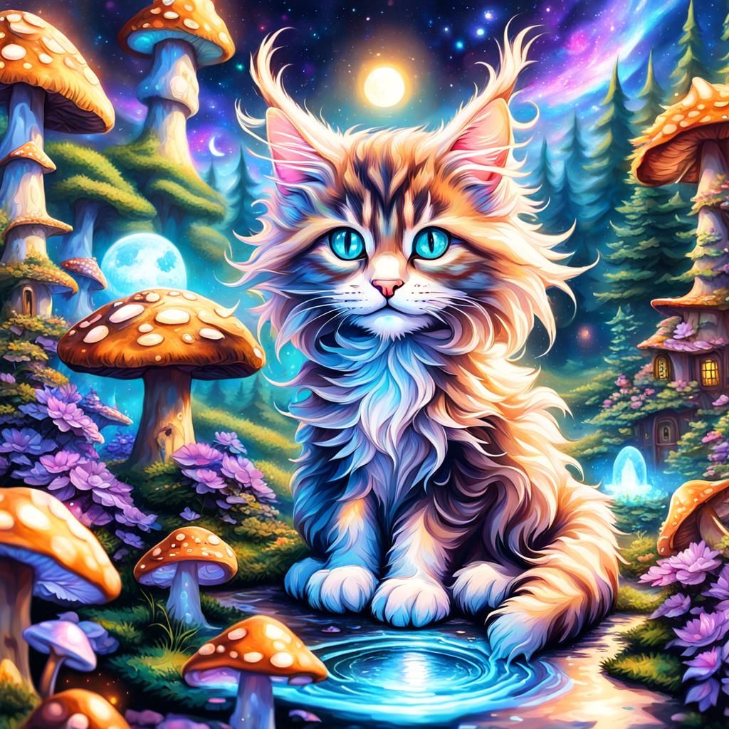 Kitten Dragons in Mushroom Garden, Astral Illustration