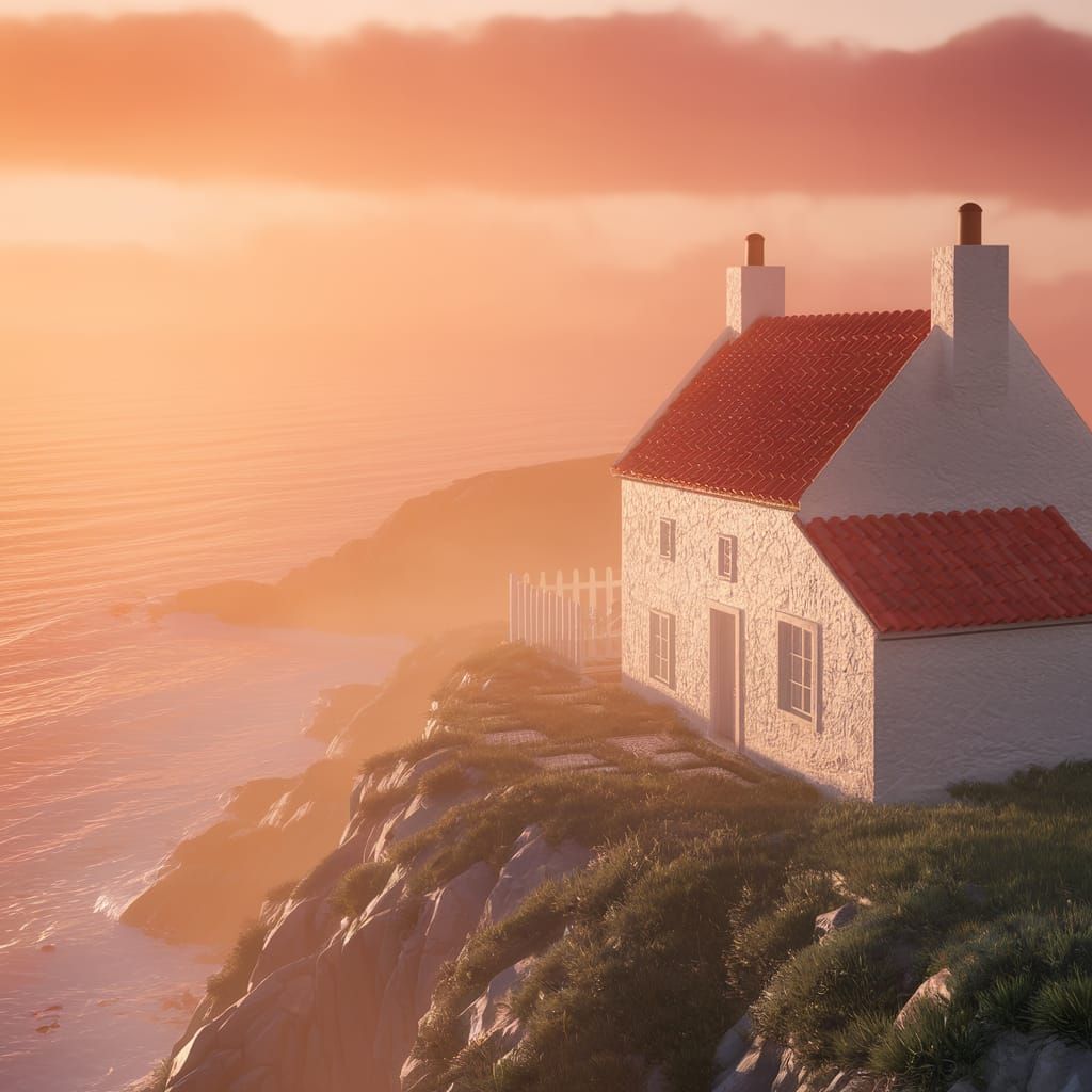 Coastal Cottage at Sunrise: Breathtaking 3D Render