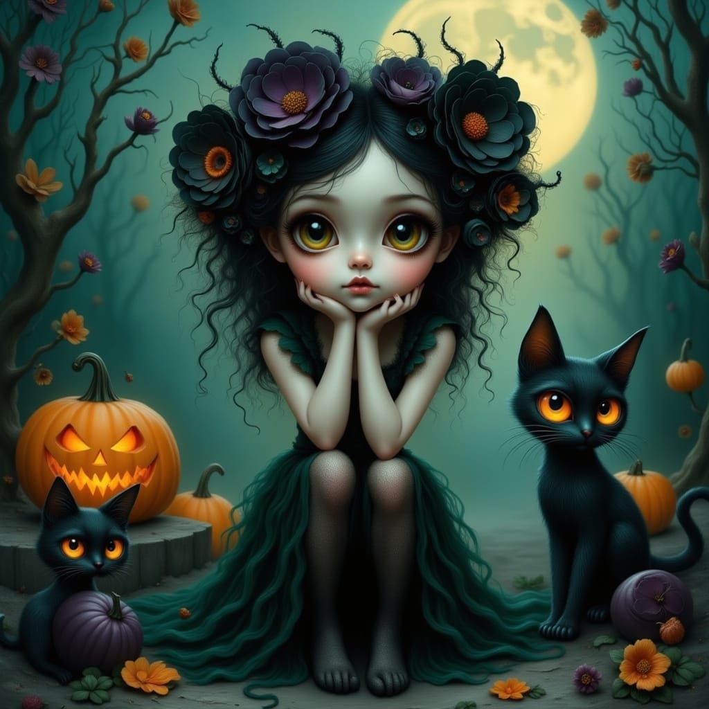 Eerie Halloween Portrait in Pop Surreal Style