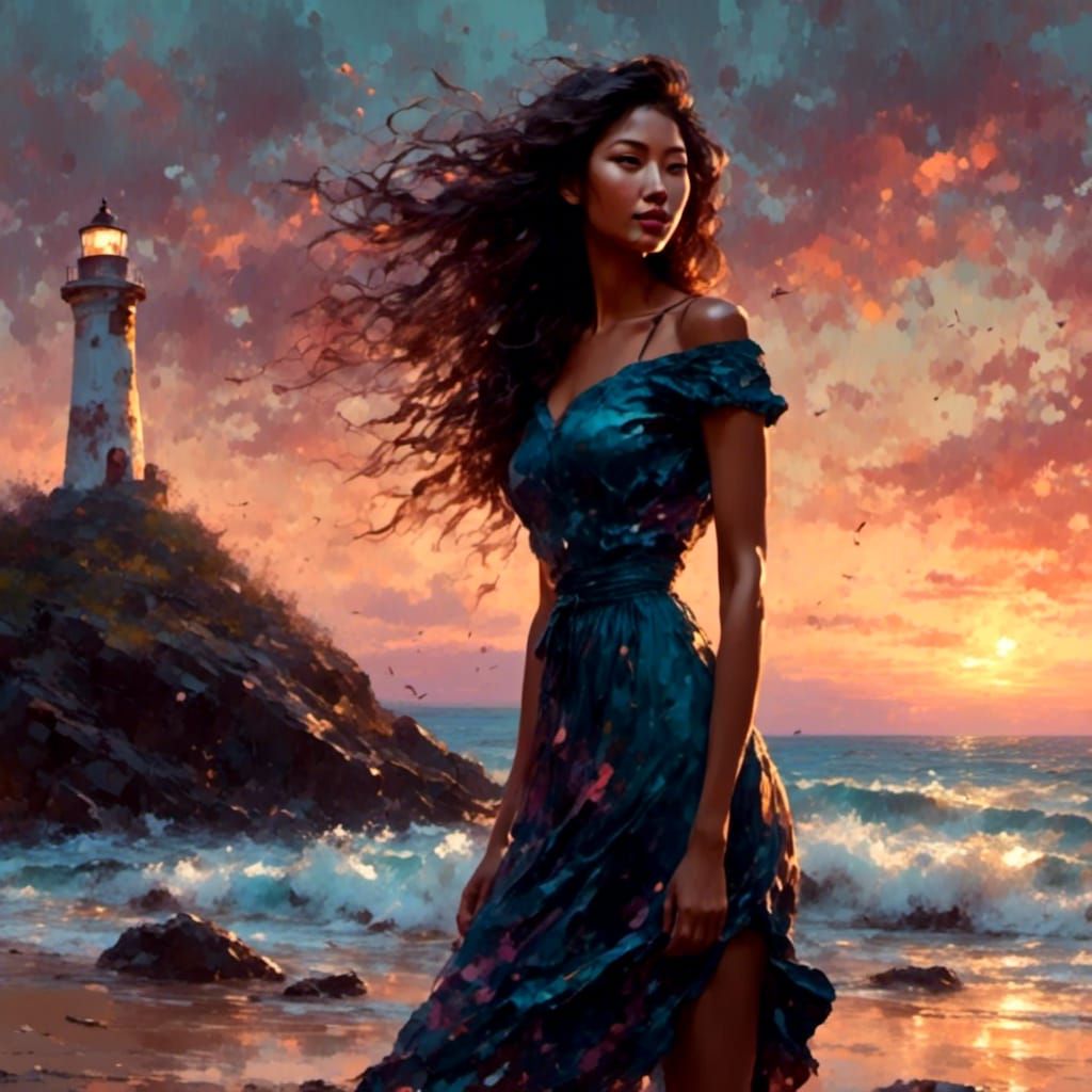 Twilight Cove Scene with Pier and Lighthouse