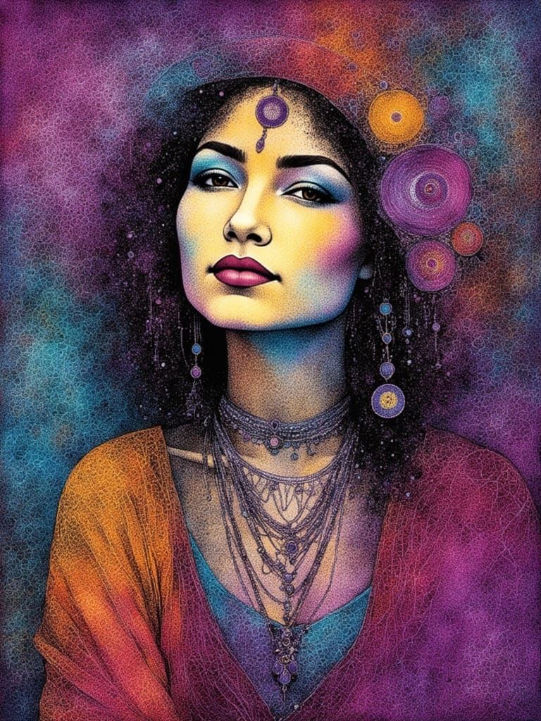 Boho Gelli Plate Portrait of Dazzling Woman