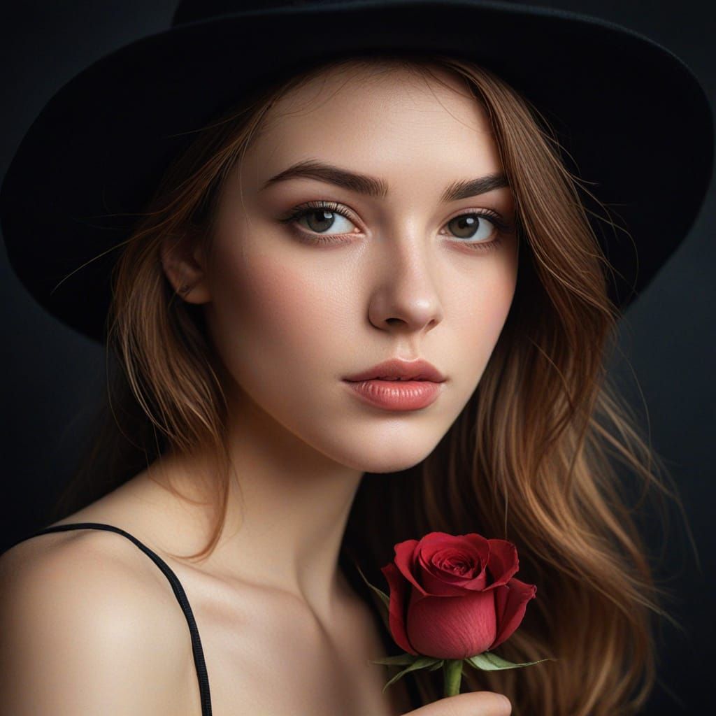 Elegant Woman with Rose: Portrait in Oil Painting Style