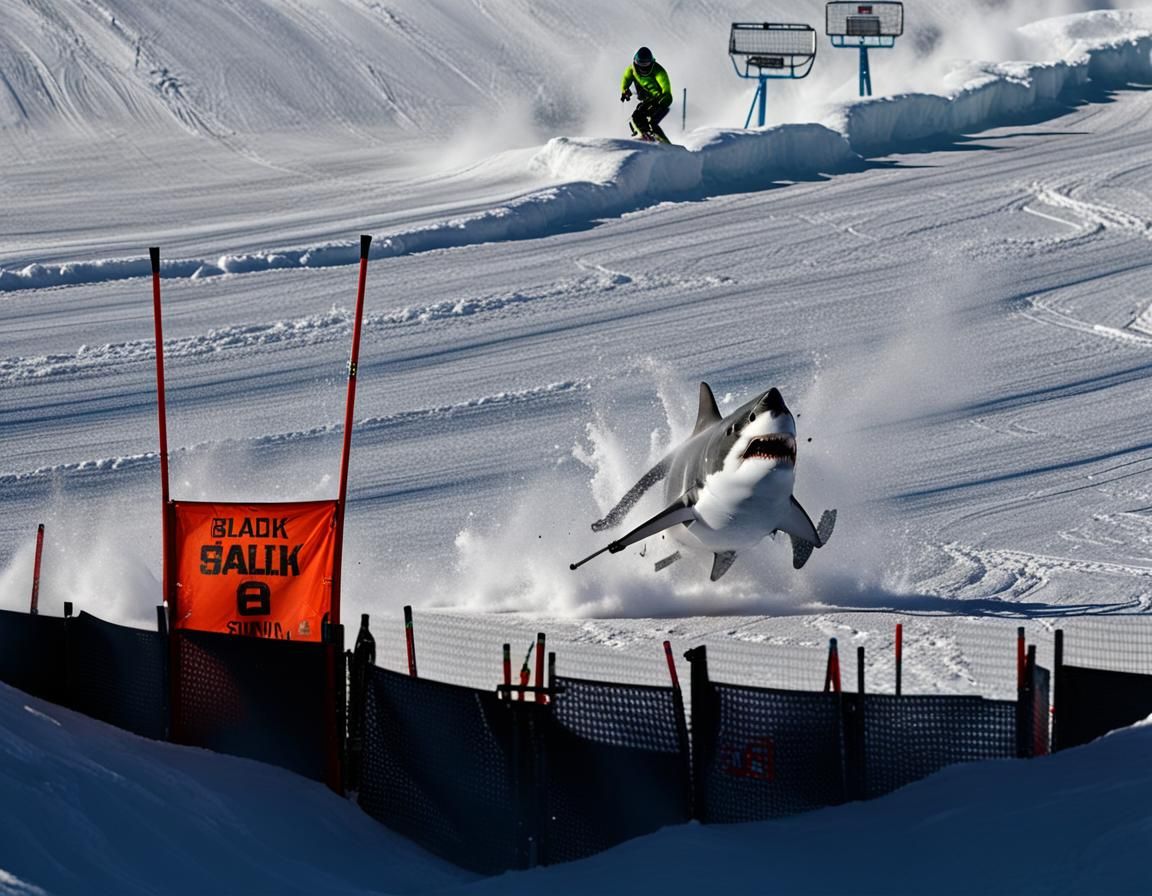 Great White Shark Slalom Skiing on Snowy Mountain
