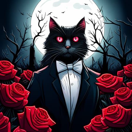 Gothic Horror Cat in Crimson Rose Garden