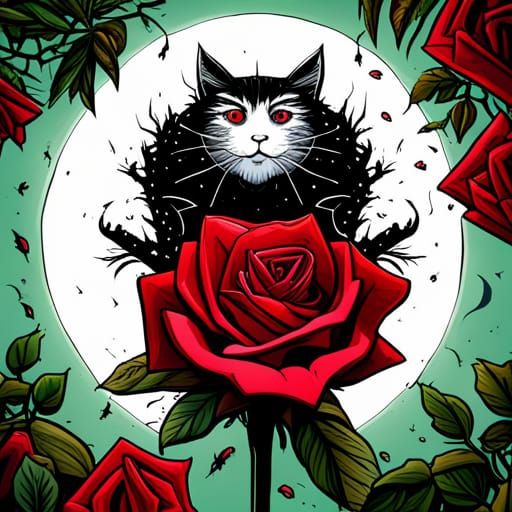 Gothic Horror Cat in Rose Garden, Cartoon Style