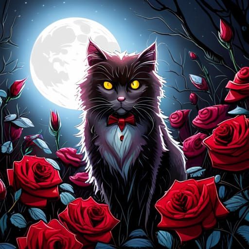 Gothic Horror Cat in Crimson Rose Garden