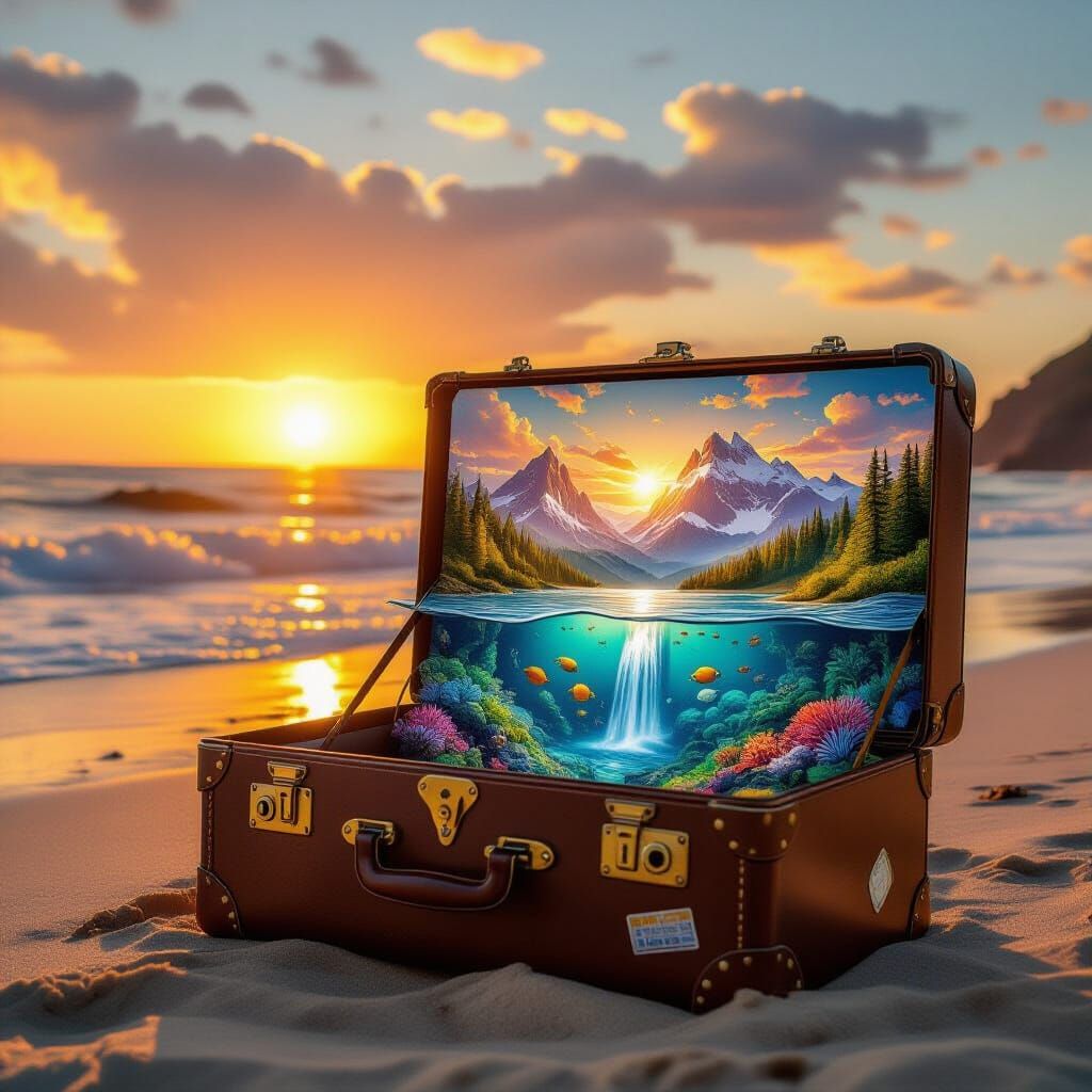 Magical Landscape Inside Vintage Suitcase at Sunset