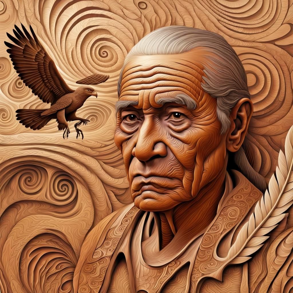Native American Man and Hawk Wood Carving