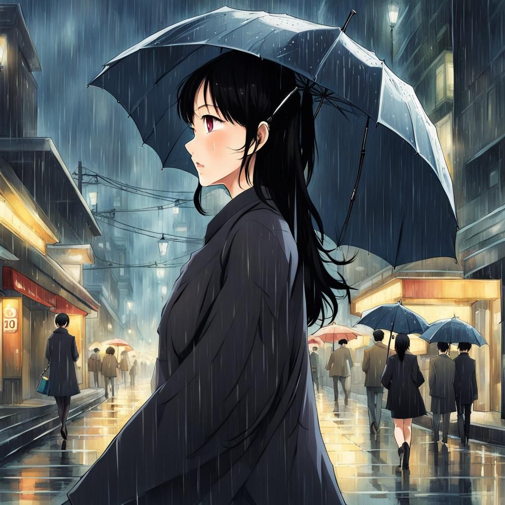 Anime Style: Woman Walking in the Rain