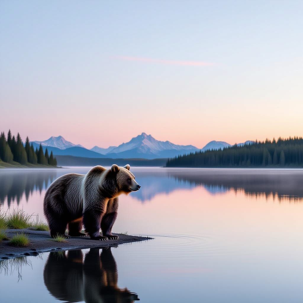 Hyperrealistic Bear Reflects Pastel Sky Over Calm Lake