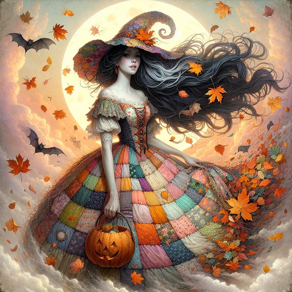 Renaissance Witch with Pumpkin Basket Watercolor Painting
