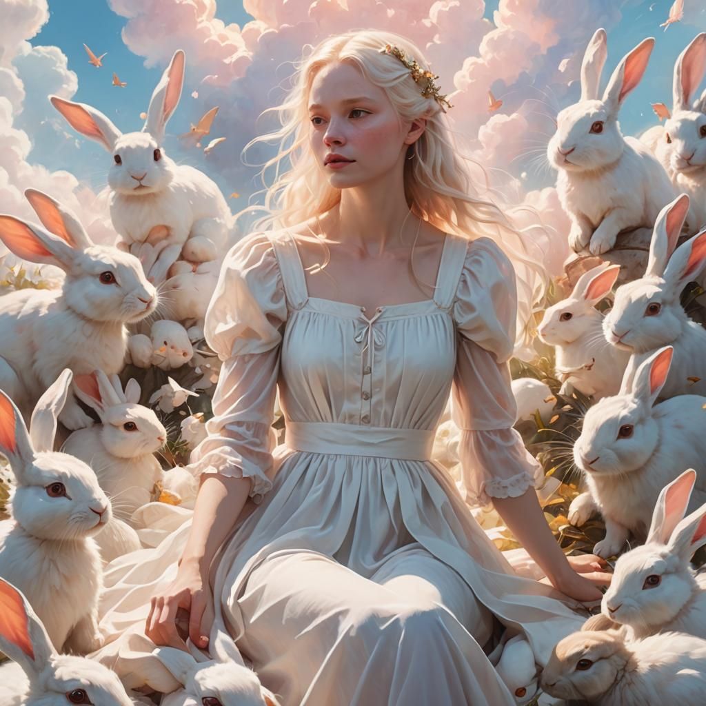 Albino Woman with Rabbits in Dreamy Pastel Art