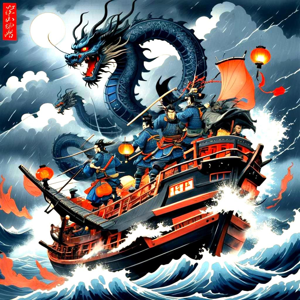 Samurai Warriors Fight Sea Dragon: Ukiyo-e Woodblock Print