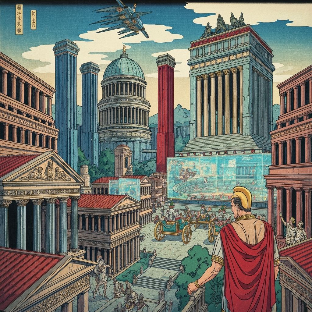 Futuristic Roma Empire.. ukiyo-e style colours painting
