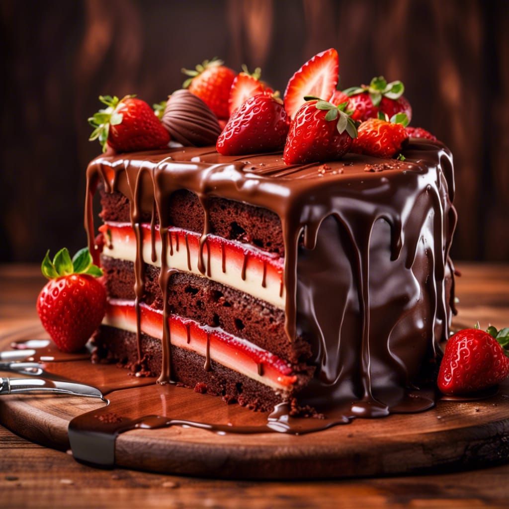Hyperrealistic Chocolate Strawberry Cake on Wooden Table