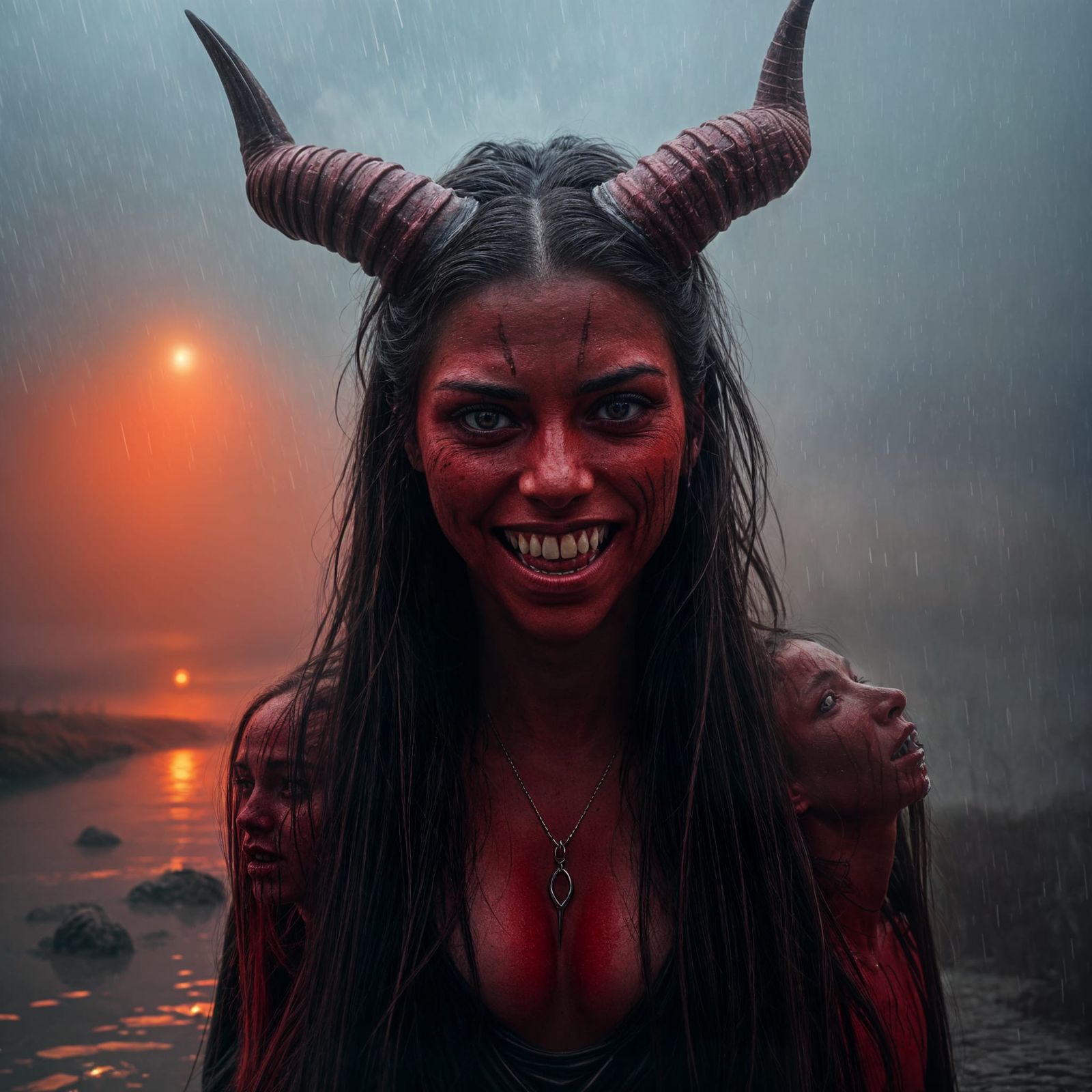 Hyperrealistic Red-Skinned Demon in Dystopian Swamp