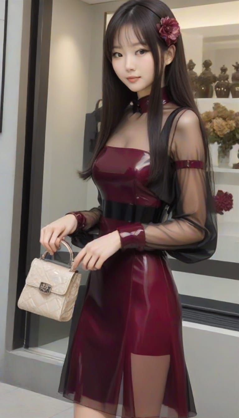 Cute Japanese Maiden in Latex Dress with Leather Handbag
