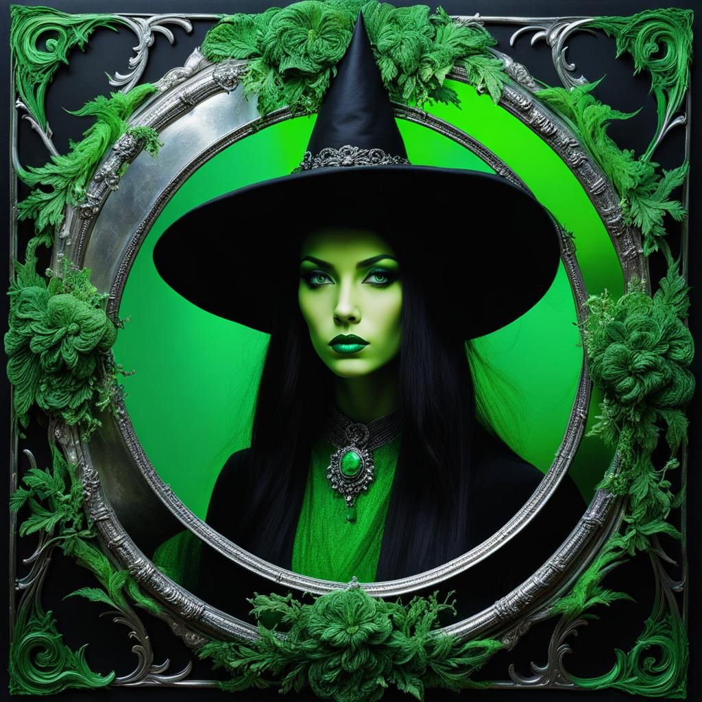 Witch Gazing into Magic Mirror in Abstract Style