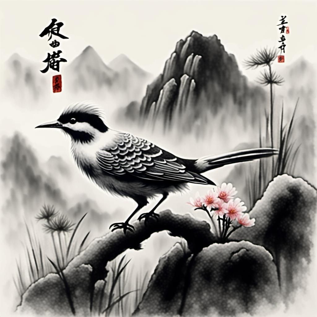 Chinese Flower-and-Bird Painting in Charcoal Style
