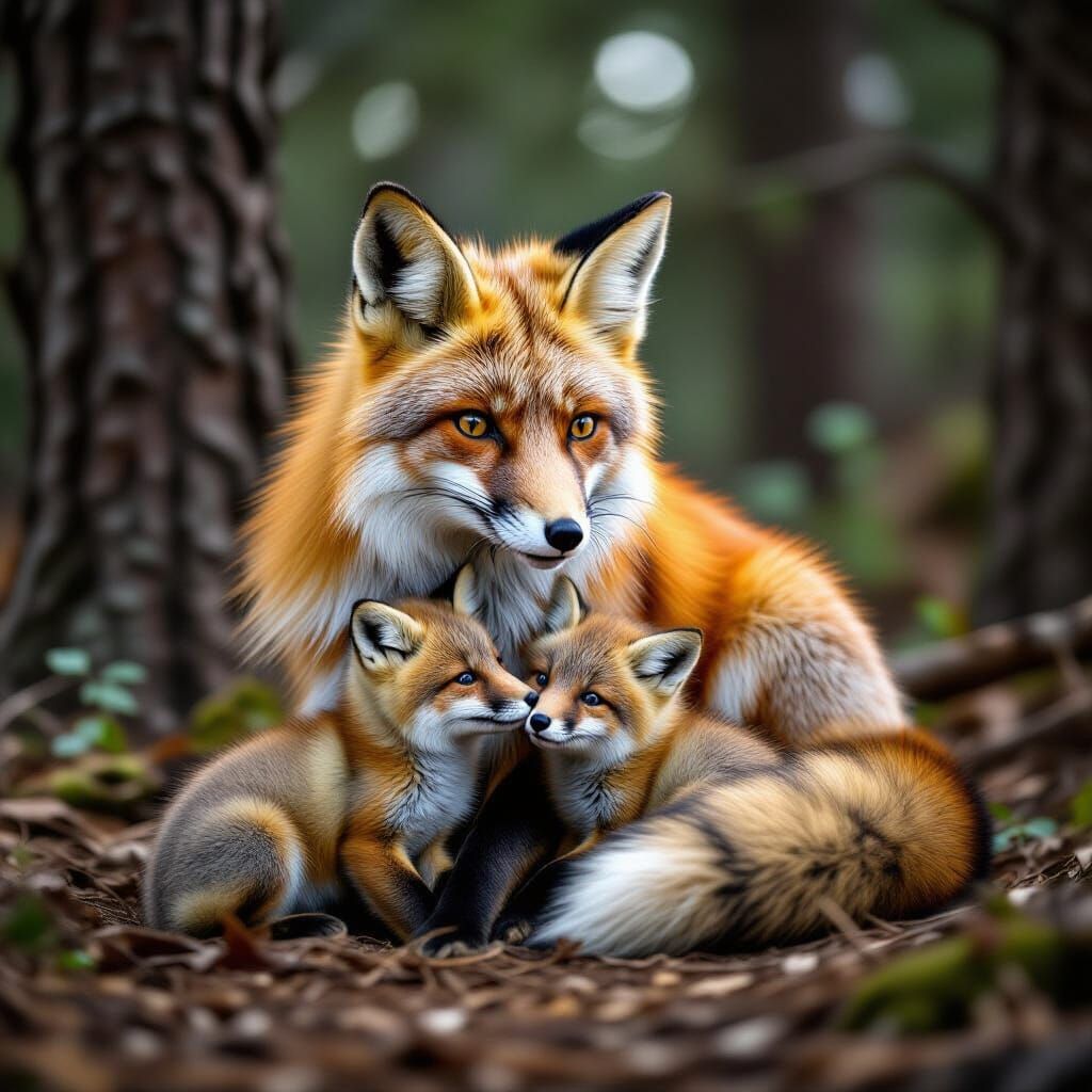 Fox Family Nurtured in Atmospheric Forest Setting