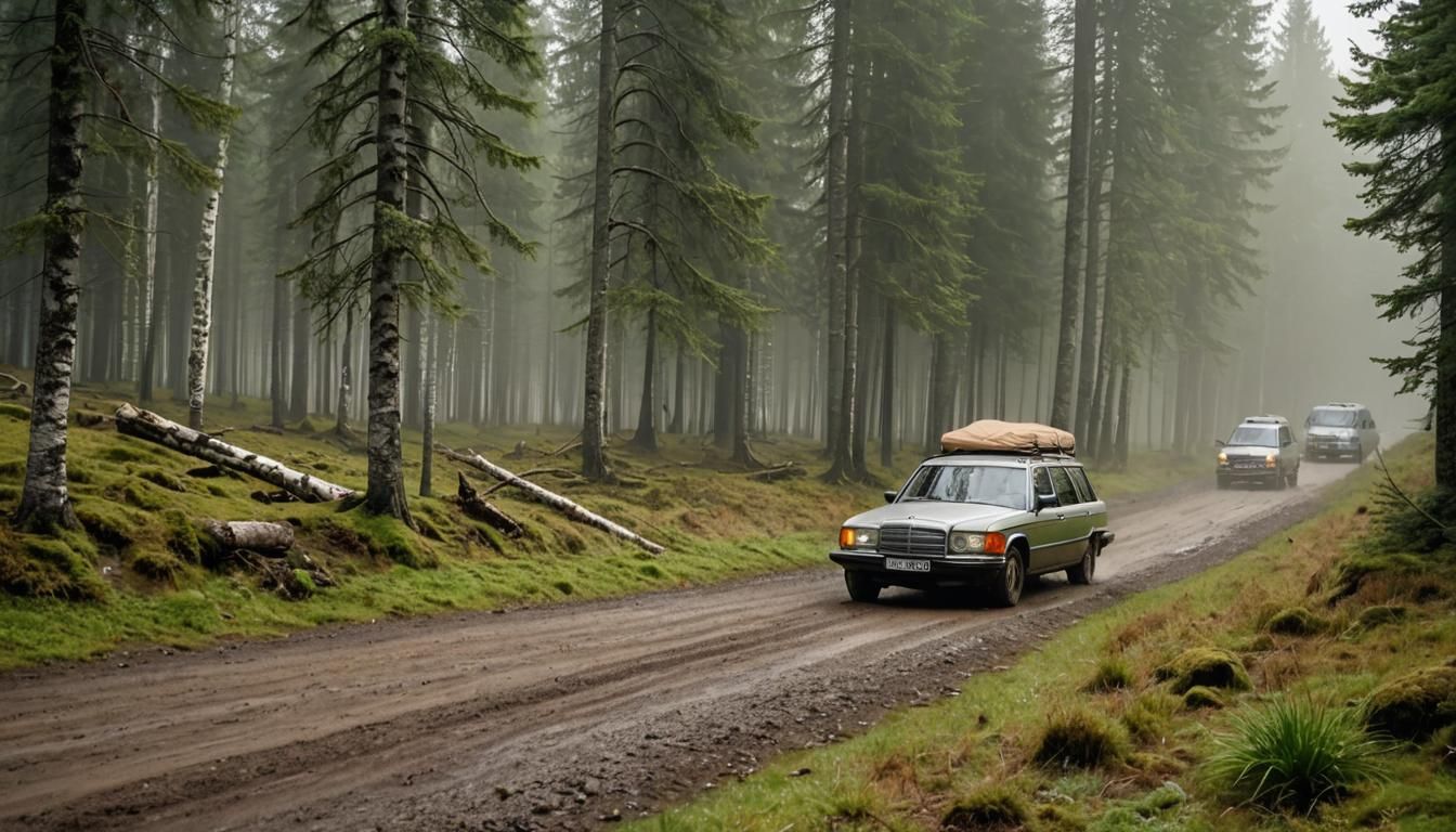 Mercedes Wagon Camping in Autumn Forest