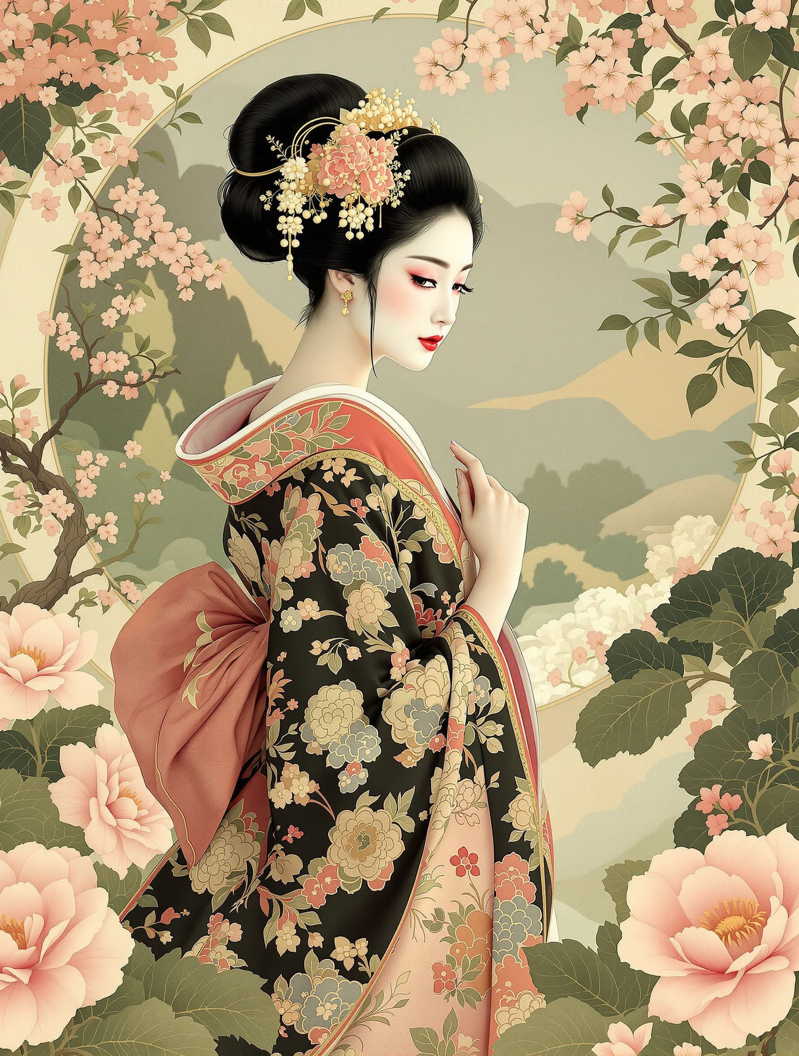 Art Nouveau Geisha in Japanese Countryside