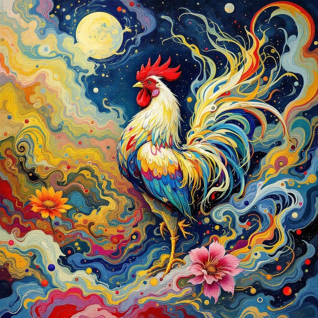 Surreal Rooster in Flowing Abstract Style