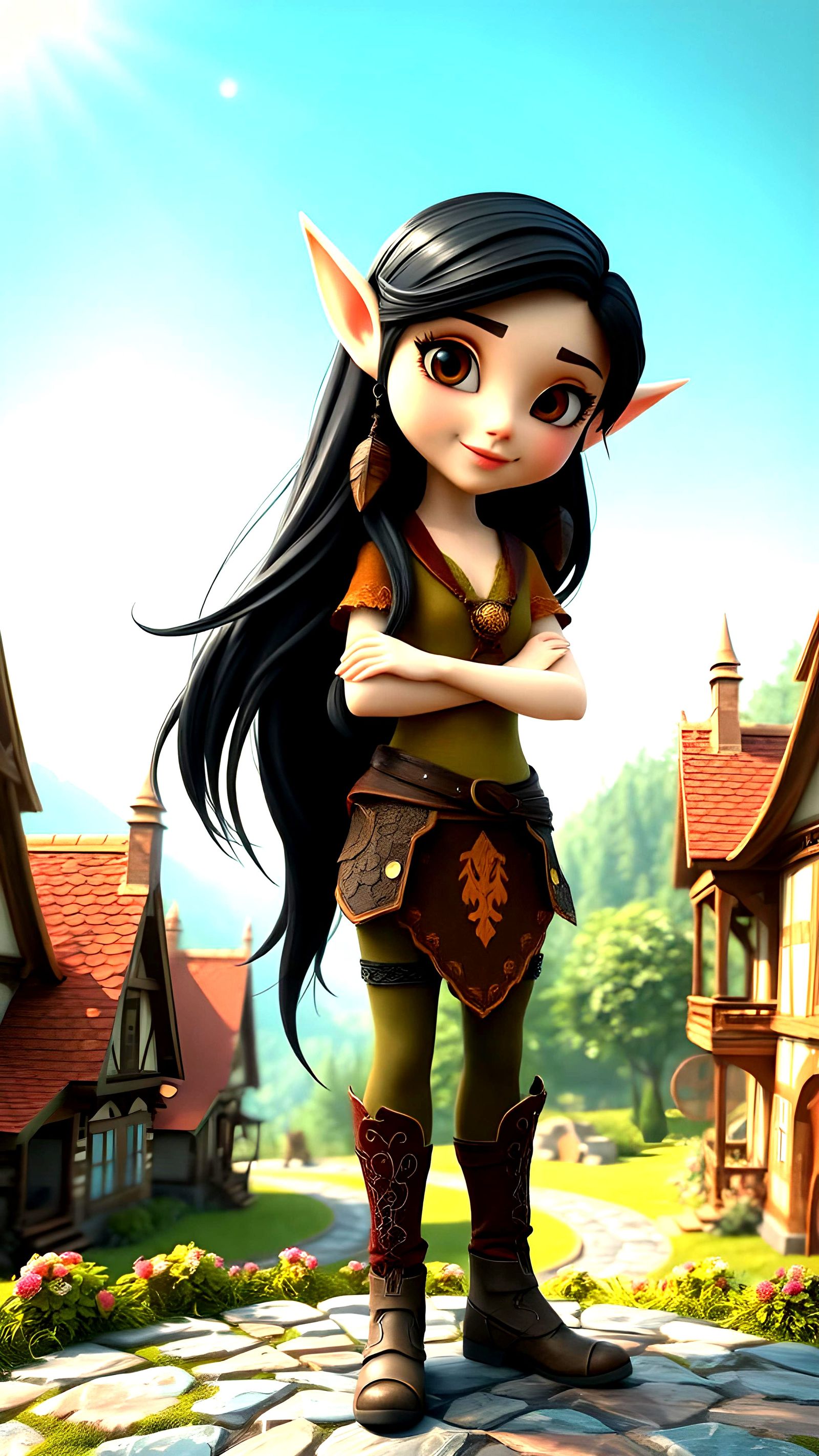 Cute Elf Girl in Village: Pixar-Style 3D Art