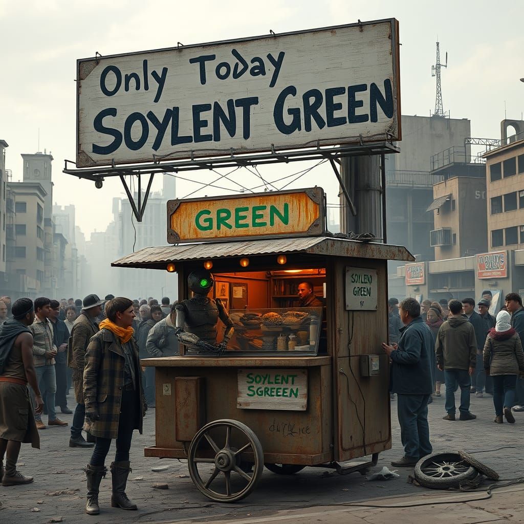 Robot Food Vendor in Post-Apocalyptic Cityscape